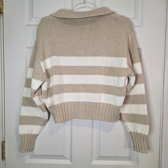Quince Women's Medium Organic Cotton Cropped Polo Sweater Beige Ivory Stripe - Picture 4 of 9